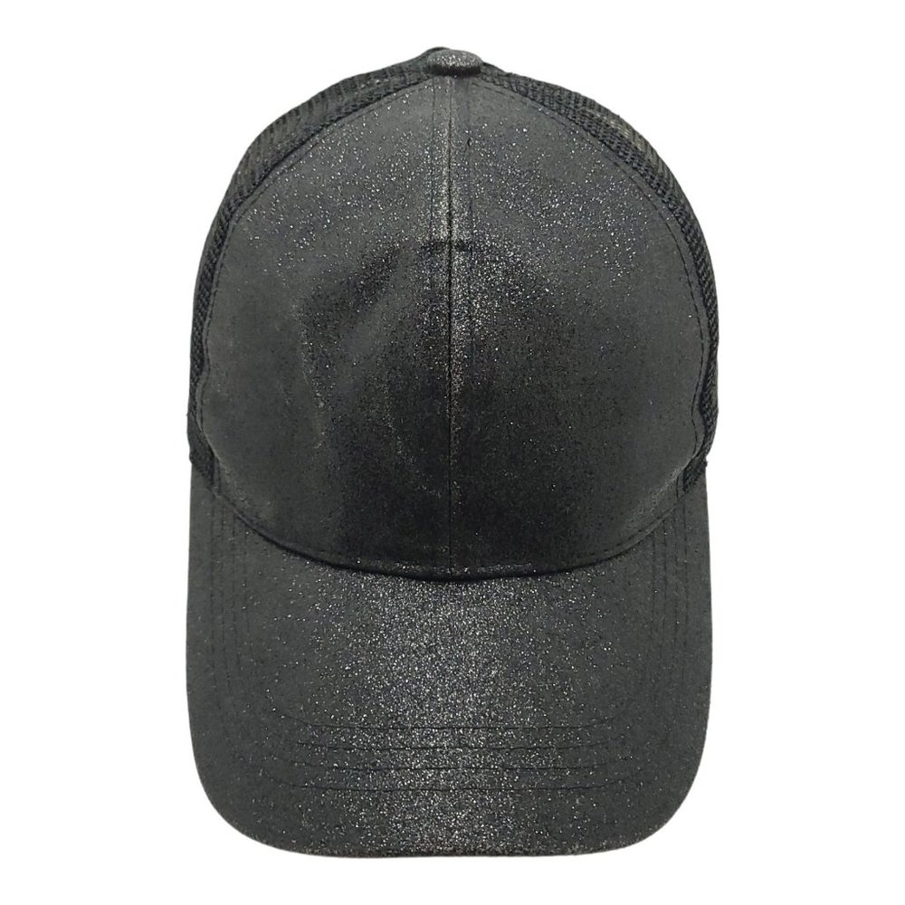 C.C Pony Cap Ponytail Black Metallic Sparkle Mesh Strapback Hat Trucker Baseball